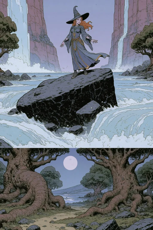Comic Illustration With Black Outline. A Beautiful Witch Wit...