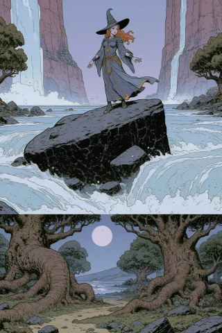Comic Illustration With Black Outline. A Beautiful Witch Wit... — Stable Diffusion AI Prompt: Comic illustration with black outline. A beautiful witch with a pale face and re...