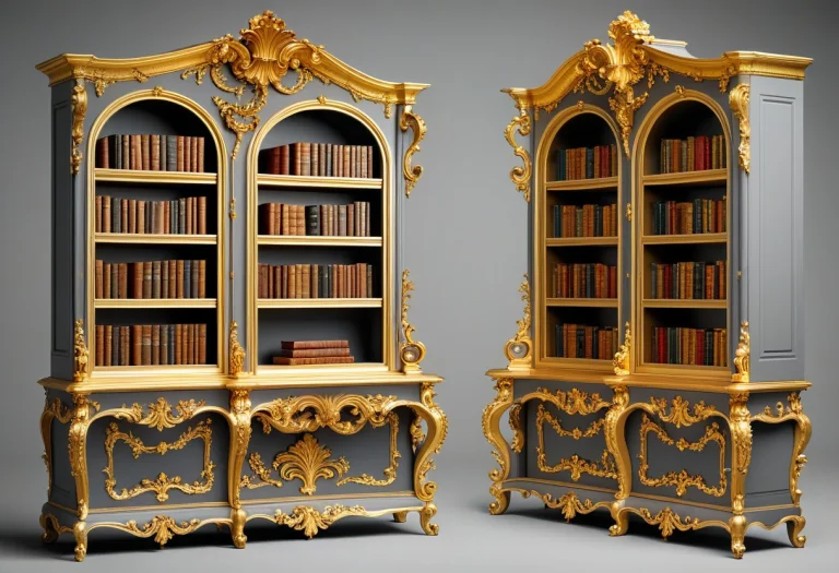 A Gilded Rococo Bookshelf, Multiple Views, Grey Background,...