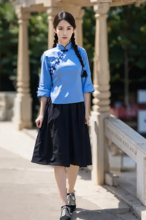 54female, A Girl Standing, Blue Shirt, Black Skirt, Twin Bra...