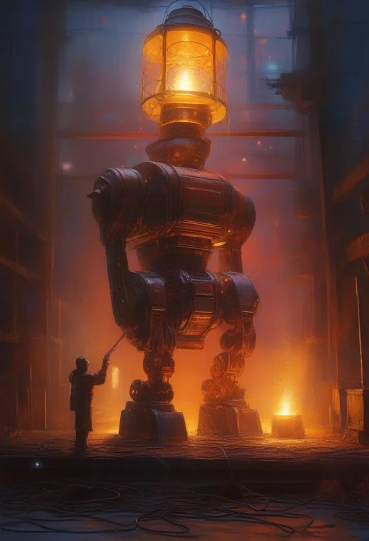 A Robot Foundry Lit By Cascades Of Sparks, Acrylic Painting,...