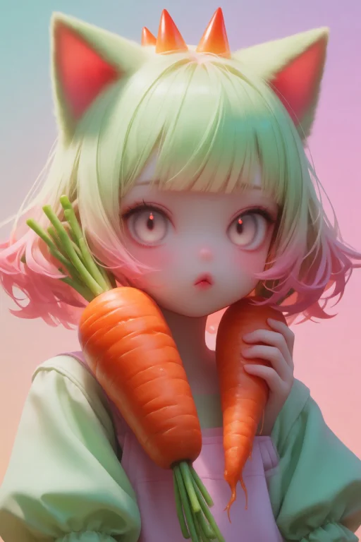 Pastel Color Palette, Aesthetic. A Carrot Girl With Cat Ears...