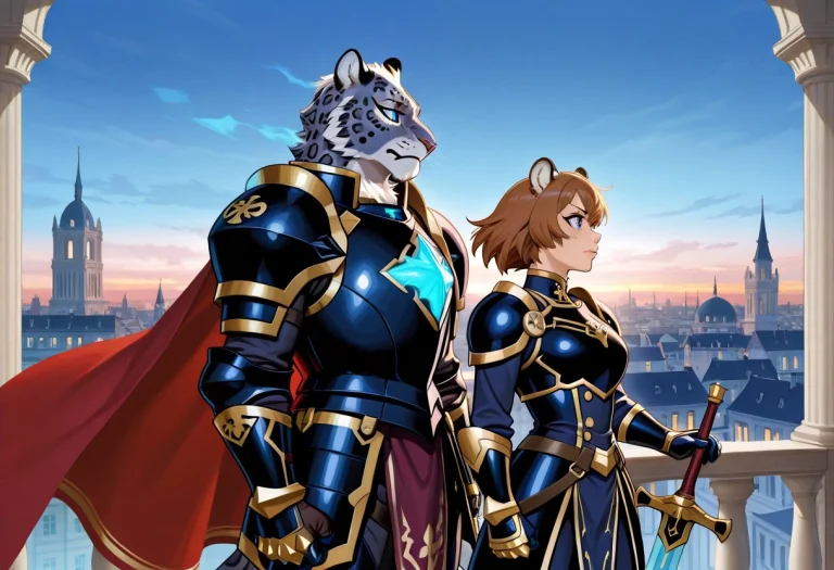 Two Anthropomorphic Leopard Heroes Standing Side By Side On...