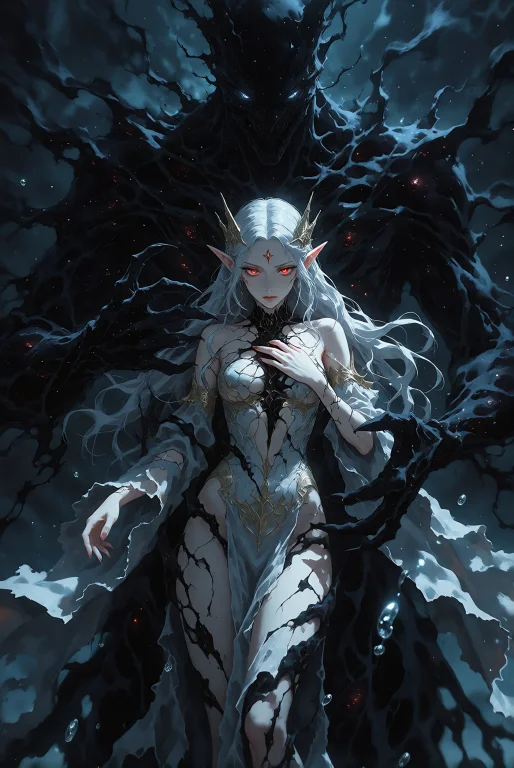 Eerie Dramatic Semi-anime Scene, An Elven Queen With Long Si...