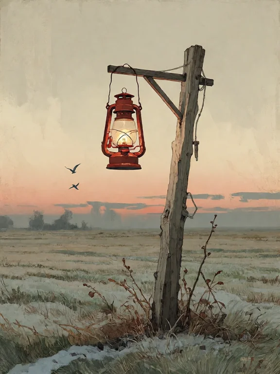 Bradhamel Art Style. A Solitary Red Lantern Hanging From A W...