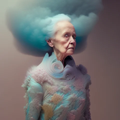 Photo Of A Elderly Woman, Full Body, Wearing Frock, Pastel,... — Stable Diffusion AI Prompt: photo of a elderly woman, full body, wearing Frock, pastel, cloudport, by atist