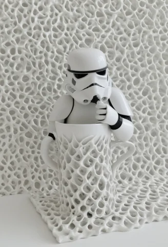 Gyroid, Gyroid Structure, A Frustrated Stormtrooper Trying T... — SDXL AI Prompt: gyroid, gyroid structure, a frustrated Stormtrooper trying to drink coffee from...