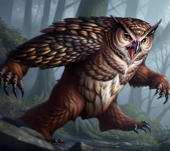 Flying Owlbear With Demon Wings, Volumetric Lighting, Concep...