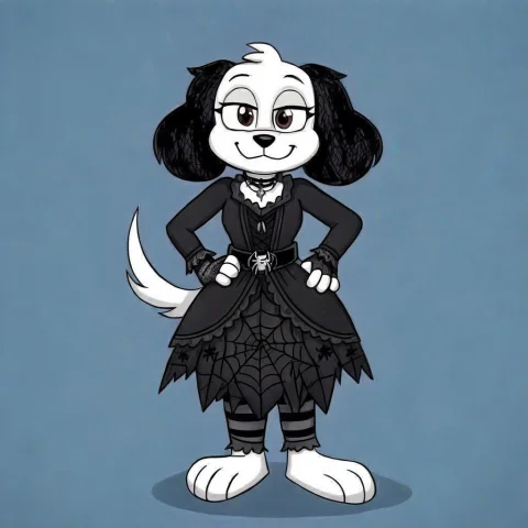 Gothic Mattie, 1girl, Standing, Simple Background, Furry Fem... — Stable Diffusion AI Prompt: Gothic Mattie, 1Girl, Standing, Simple Background, Furry Female, Smile, Hand on...