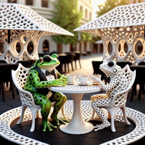 A Hilarious Sophisticated Frog Sitting Upright Like A Human... — SDXL AI Prompt: A hilarious sophisticated frog sitting upright like a human at a tiny elegant ou...
