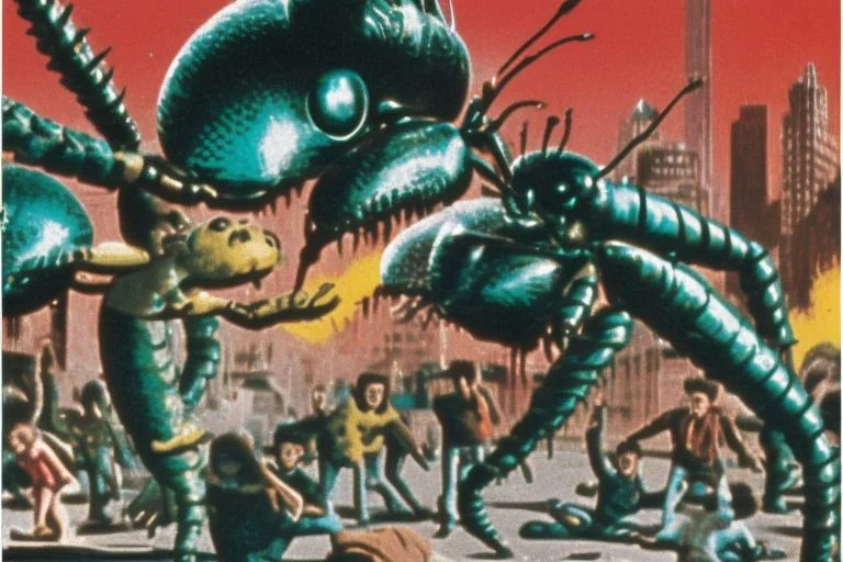 A Giant Insect Attacking People On A Street In The Style Mar...