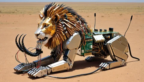 Mechanical Lion, Made With Transistors, Eating A Mechical Ga... — SDXL AI Prompt: mechanical lion, made with transistors, eating a mechical gazelle in the sabana