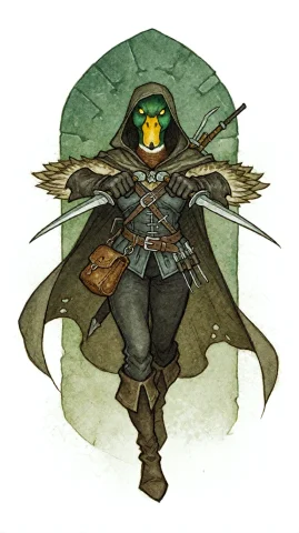 Dragonbanerpg. A Mallard Rogue, With A Cloak That Flows Behi... — Stable Diffusion AI Prompt: DragonbaneRPG. A mallard rogue, with a cloak that flows behind it, adding a sens...