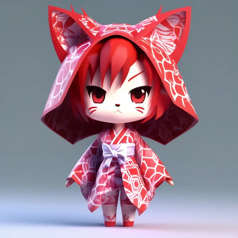 A 3d Chibi Anime Red Hair Cat Girl Wear Impossible Geometry...