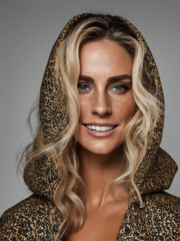 A Beautiful Blonde Woman Stands Outside In A Hooded Cape, He...