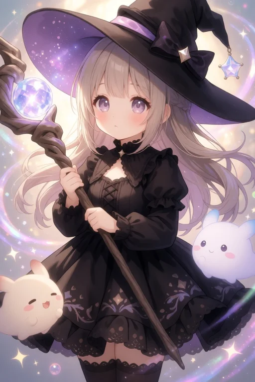 Anime Style Cute Young Witch Girl With Large Expressive Eyes...
