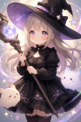 Anime Style Cute Young Witch Girl With Large Expressive Eyes... — Stable Diffusion AI Prompt: Anime style cute young witch girl with large expressive eyes, wearing a frilly b...