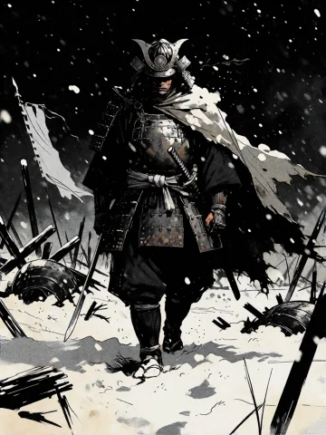 A Monochrome Dark Fantasy Comic Illustration Of An Adult Sam... — Stable Diffusion AI Prompt: A monochrome dark fantasy comic illustration of an adult samurai walking alone t...