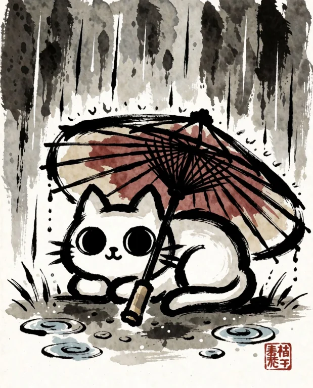Sumiink, 1animal, White Kitty Black Eyes In Lying Under Oil-...
