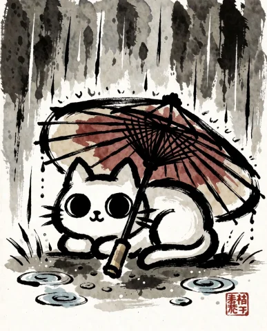 Sumiink, 1animal, White Kitty Black Eyes In Lying Under Oil-... — Stable Diffusion AI Prompt: SumiInk, 1animal, white kitty black eyes in lying under oil-paper umbrella, rain...