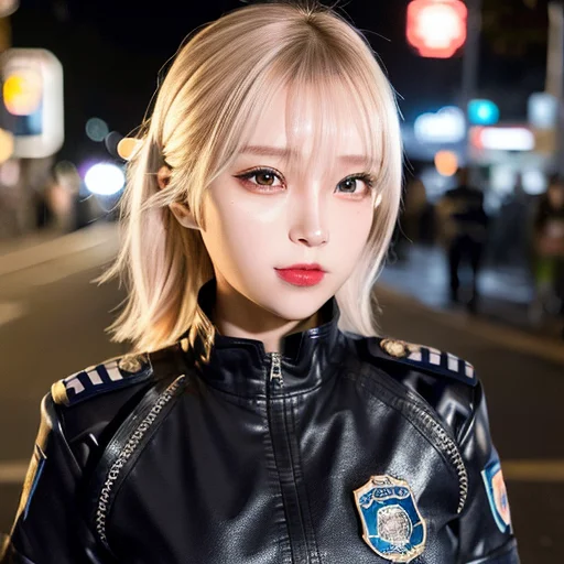 1girl, Police Woman, Uniform, Night Street, Lighting On Face...