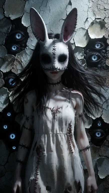 A Young Girl With A Stitched, Rabbit-eared Mask Featuring Bl...