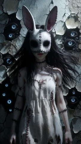 A Young Girl With A Stitched, Rabbit-eared Mask Featuring Bl... — Stable Diffusion AI Prompt: A young girl with a stitched, rabbit-eared mask featuring black eye sockets and...