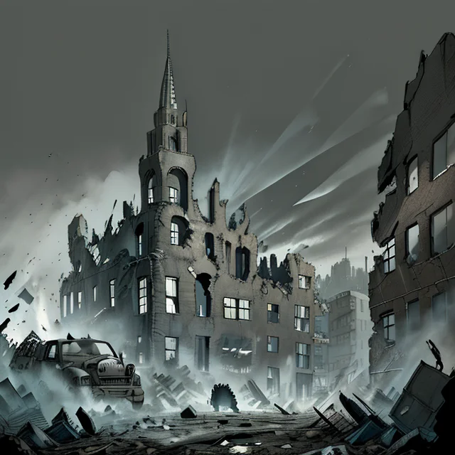 War Landscape, 1944, Dull Colors, Grey, Smoke, Rubble, Destr...