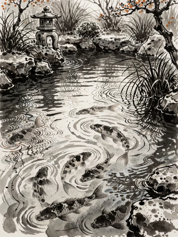 A Serene Water Scene Rendered In Sumiink Style, Black And Wh...
