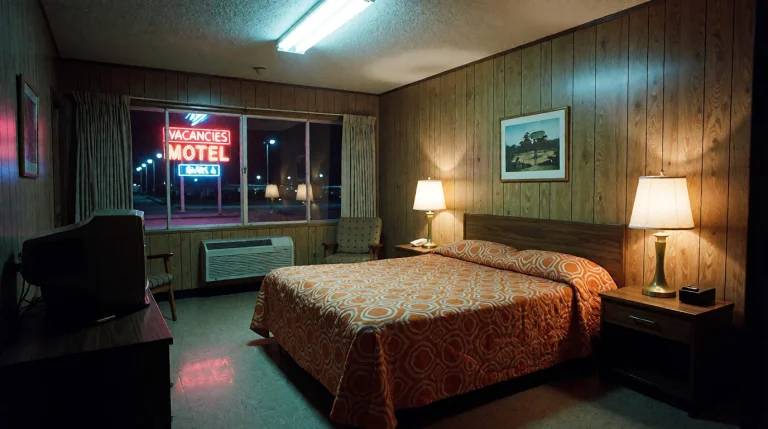 Image Is A Photograph From The 1970s Of A Sleazy Motel Room,...