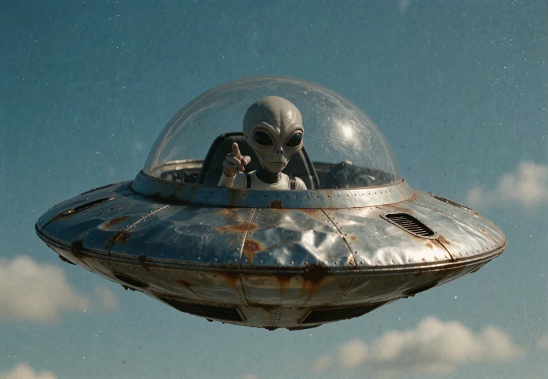 A Silver Saucer-shaped Ufo Hovers Suspended Against A Vast A...