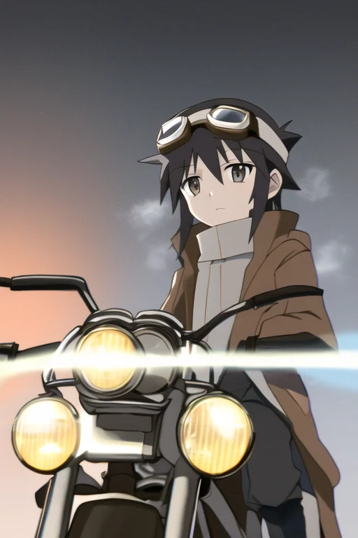 Kino, 1girl, Androgynous, Brown Hair, Goggles1.3, Standing N...