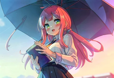 1girl, Solo, Waist-length Hair, Pink Hair, Side Ponytail, Gr... — Stable Diffusion AI Prompt: 1girl, solo, waist-length hair, pink hair, side ponytail, green eyes, holding bo...