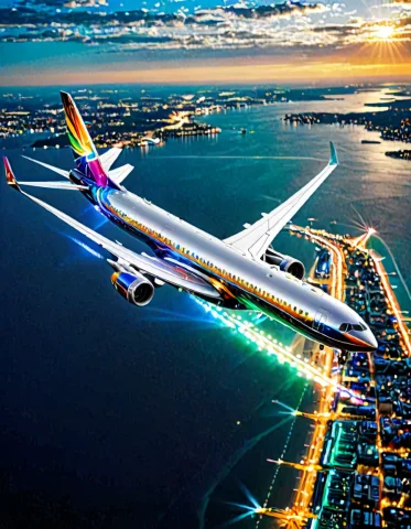 A Commercial Passenger Airliner Flying Mid-air, Entirely Con... — SDXL AI Prompt: A commercial passenger airliner flying mid-air, entirely constructed from (dense...