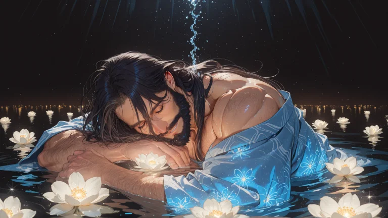 A Man, Long Hair, Sleeping, Water, Glowing Flower, Blue Yuka...