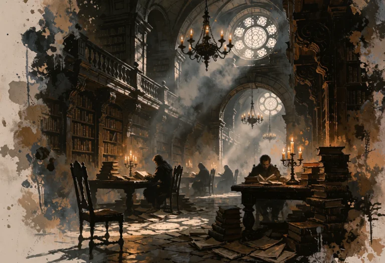 Ta86wistfall, A Vast Ancient Library Hall Filled With Tall C...