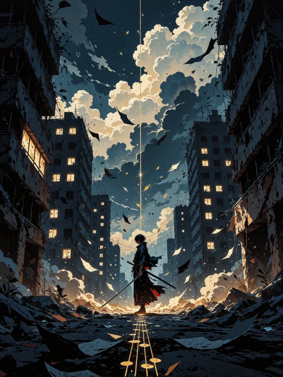 Dynamic Anime Cinematic Illustration, A Lone Swordsman Stand...