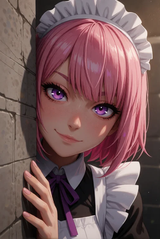 1girl, Purple Eyes, Pink Hair, Peeking Out, Wall, Looking At...
