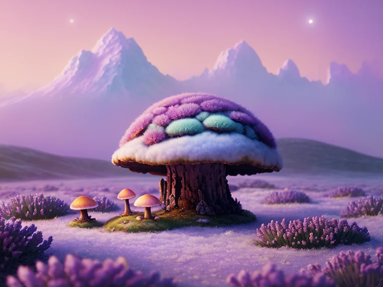 Oil Painting Of A Cosy Vintage Tiny Cute Fungi, On A Icy Pla...