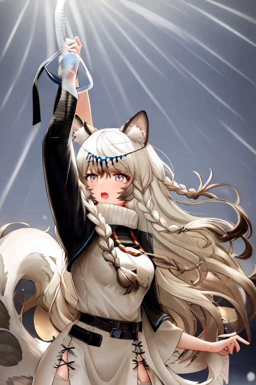 1girl, Upper Body, Grey Eyes,tail, Arm Up, Hand Up, Looking...