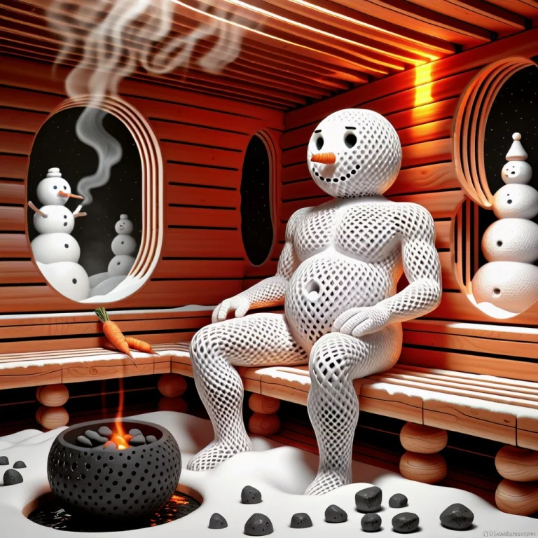 A Surreal Snowman Sitting Calmly Inside An Extremely Hot Tra...