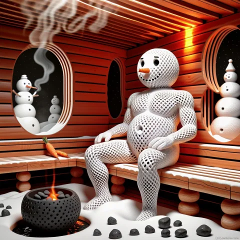 A Surreal Snowman Sitting Calmly Inside An Extremely Hot Tra... — SDXL AI Prompt: A surreal snowman sitting calmly inside an extremely hot traditional wooden saun...
