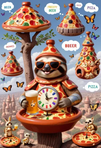 A Warrior Sloth Wearing Tagines And Pizza Armor Laughing, Si... — SDXL AI Prompt: a warrior sloth wearing Tagines and pizza armor laughing, sitting on Tagine bran...