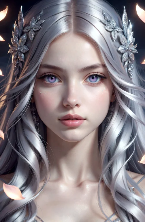 1girl, Solo, Close-up Portrait, Long Flowing Silver Hair, Lu...
