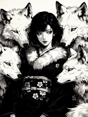 A Black And White Digital Illustration Depicting A Woman Sur... — Stable Diffusion AI Prompt: a black and white digital illustration depicting a woman surrounded by four wolv...