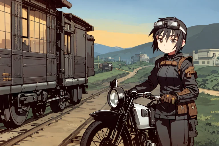 1girl, Goggles, Short Hair, Brown Hair, Railroad Tracks, Mot...