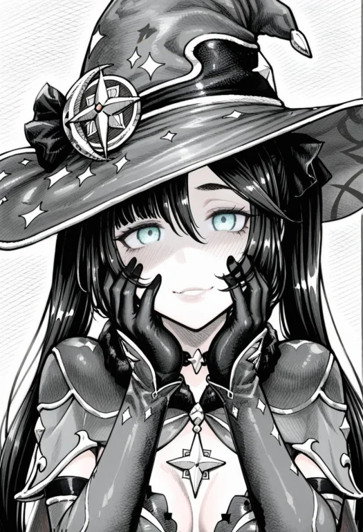 1girl, Solo, Mona Genshin Impact,hatching Texture, Witch Hat...