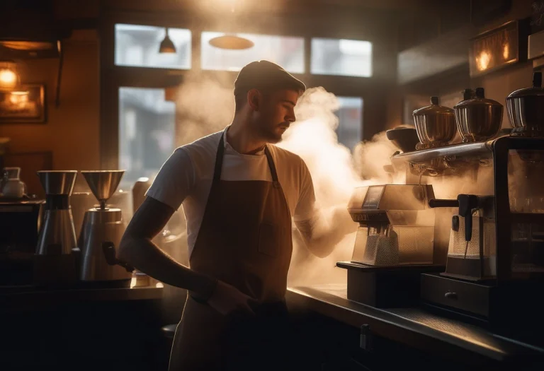 A Barista Framed By Steam In A Cozy Cafe, Portrait Photograp...
