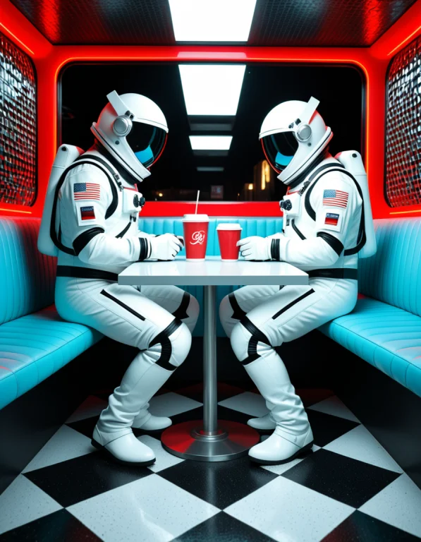 A Gigantic Astronaut Seated Alone At A Cheap Roadside Diner...