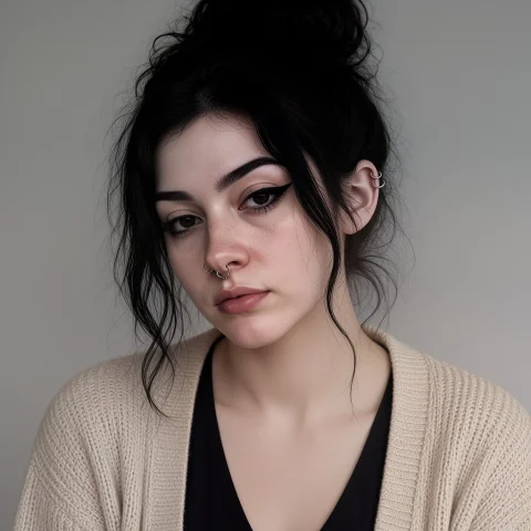 Mvoss This Photograph Features A Young Woman With A Pale Ski... — Stable Diffusion AI Prompt: Mvoss This photograph features a young woman with a pale skin tone and dark, wav...